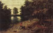 A wooded landscape with a boar hunt, unknow artist